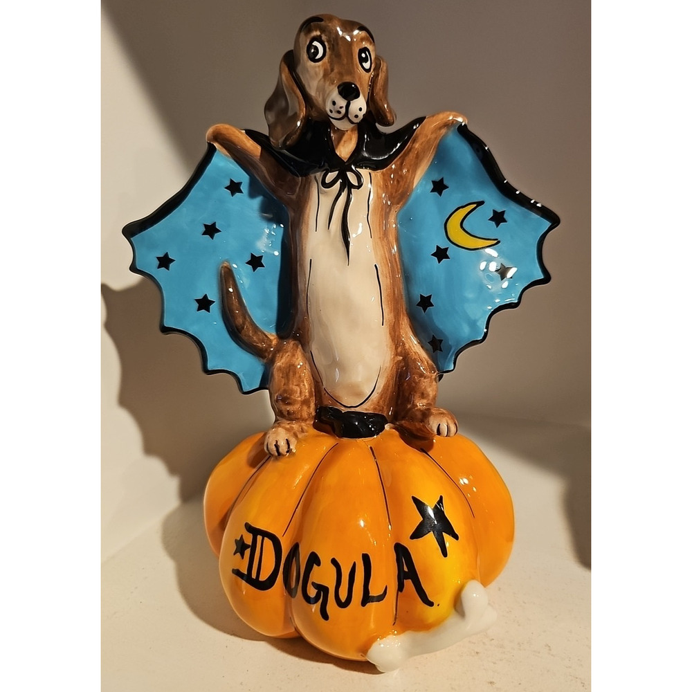 Blue Sky Dachshund Dog Cape Bone Pumpkin Halloween DOGULA Figurine NEW Rare.